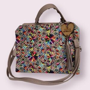 Artisanal Wood and Leather Colorful Mosaic Needlepoint Crossbody Purse